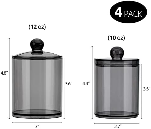 Tbestmax 4 Pack Qtip Holder 10-Ounce, 12-Ounce Bathroom Organizer Accessories Storage Containers Plastic Apothecary Jars with Lids for Cotton Ball, Cotton Swab, Floss, Black