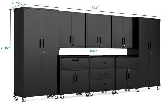 Garage Cabinet System | Heavy Duty Steel All-in-One Modular Garage Cabinet Set for Ultimate Workshop Organization | Easy Assembly Garage Storage Cabinets & Tool Bench