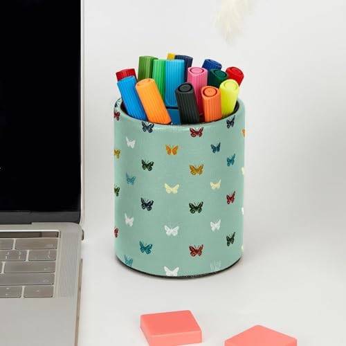 Faux Leather Pen Holder for Desk, Pencil Organizer Butterfly Pen Cup Desk Decor Makeup Brush Holder Storage for Office Home