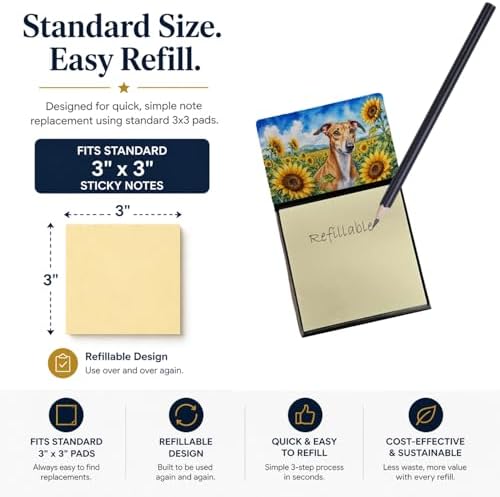 Caroline's Treasures Greyhound in Sunflowers Watercolor Sticky Note Holder Refillable Dispenser Desk Accessory 3x3 Pad Gift