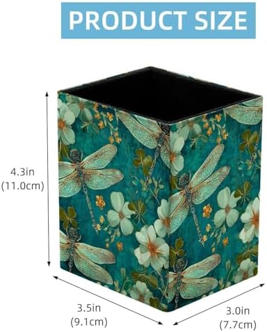 Dragonfly Pen Holder for Desk Decor, Rectangular PVC Leather Pencil Cup for Desk Pen Organizer, Makeup Brush Holder for School, Home, Office