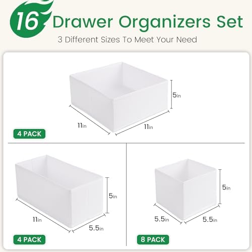 Criusia 16 Pack Underwear Drawer Organizer, Drawer Organizer Clothes, Foldable Cloth Storage Box Closet Dresser Drawer Divider Organizer for Clothes, Scarves (White)
