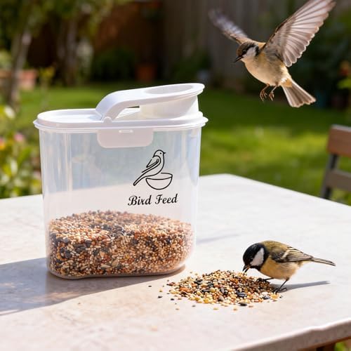 Bird Seed Storage Container,2.1 Qt/2L Bird Food Container with Pour Spout | Bird Food Storage Container with Scale for Sunflower Seeds, Portable Travel Kibble Storage Dispenser for Small Animal, White