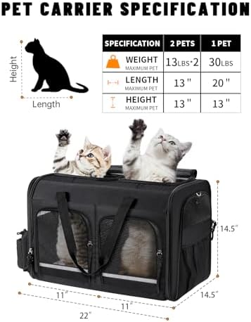 Cat Carrier for 2 Cats,Double Cat and Dual Dog Carrier Large for Two Pets | Collapsible ,Small to Medium Size, 2 Front Zippered Compartments,Removable Divider,Multiple Cat Cabin (Black)