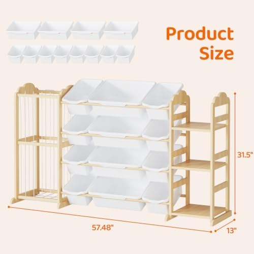 LAMU 3-in-1 Toy Organizer with Bookshelf, Stuffed Animal Storage with 12 Bins and 3 Shelves, Wooden Book Shelf for Playroom Kids Room Nursery Bedroom Living Room Decor, White