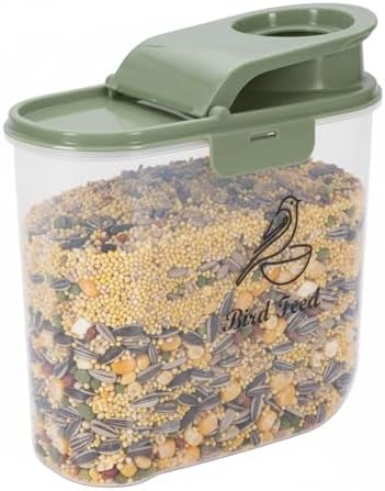 Bird Seed Storage Container, 2L/2.1Qt, Airtight, Flip Lid & Pour Spout | Bird Food Container with Scale for Sunflower Seeds, Portable Travel Kibble Storage Dispenser for Small Animal,Green