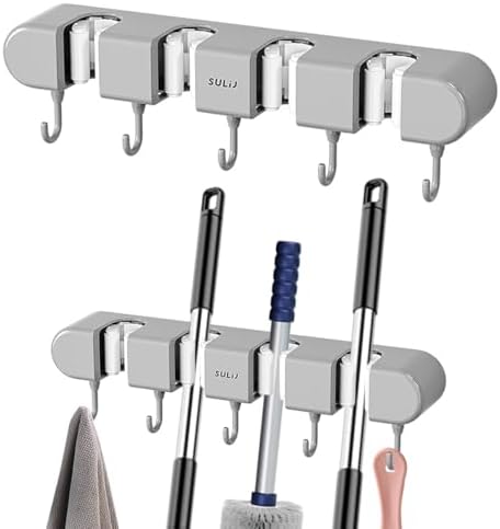 2Pcs Broom Holder Wall Mount, No-Drilling Self-Adhesive Mop and Broom Storage Rack with Hooks (4 Racks with 5 Hooks), Wall-Mounted Broom Hanger for Bathroom, Kitchen, Closet, Garage (Grey)