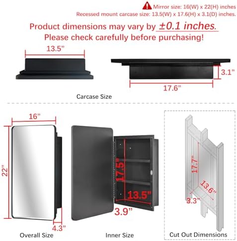 Black 16 x 22 Wall Medicine Cabinet, Mirror Door, Recessed or Surface Mount | Recessed Bathroom Mirror Cabinet with 2 Adjustable Shelves, Reversible Door And Hardware; Fully Assembled for Wall Mounting