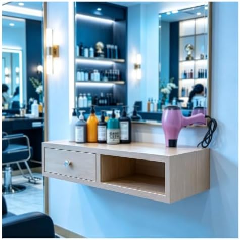 Hair Tool Organizer with Drawer, Floating Makeup Vanity, with 1 Hair Dryer Holders, Wall Mounted Salon Stations for Hair Stylist, Suitable for Multiple Scenarios(Beige,27.5x10.2x5.9in)