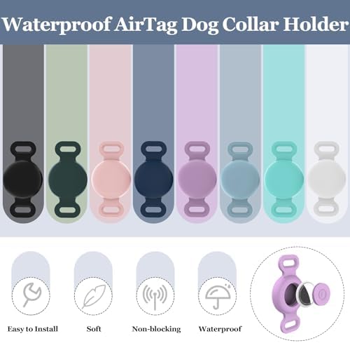 Waterproof Dog Collar with Airtag (1st & 2nd Gen) Holder, 2 Pack | Lightweight Silicone Hidden AirTag Holder for Dog Collar, Anti-Lost AirTag Case for Pet Cat Dog (Light Blue & Purple)