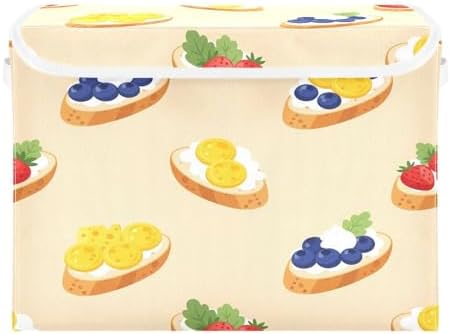 Storage Bins with Lids Fruit Topped Bread Pattern Foldable Storage Boxes with Handles Large Storage Basket Collapsible Organizer Containers for Closet Home Bedroom Office