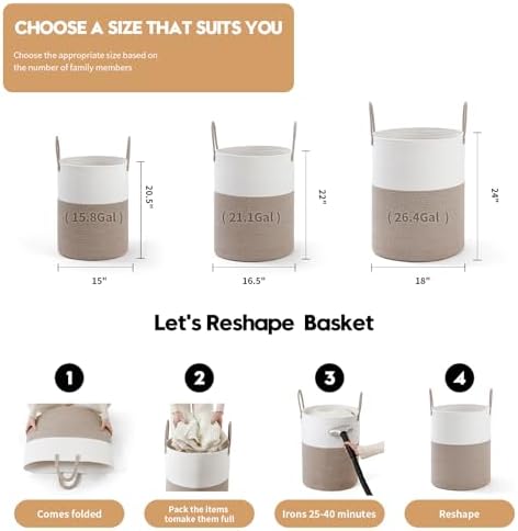 Laundry Basket Hamper Tall Rope Storage Woven for Blanket toys Dirty Clothes in Living Room Bathroom Bedroom (White&Brown, 80L/21.3Gal)