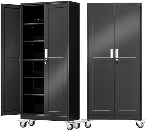 75" Metal Garage Storage Cabinet with Wheels and Locking Doors and Tall Rolling Steel Tool Cabinet with 5 Adjustable Shelves for Garage,Home,Office,Shop (Black, 75''H x 32''W x16''D)
