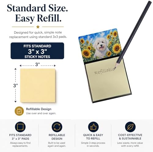 Caroline's Treasures Coton de Tulear in Sunflowers Watercolor Sticky Note Holder Refillable Dispenser Desk Accessory 3x3 Pad Gift
