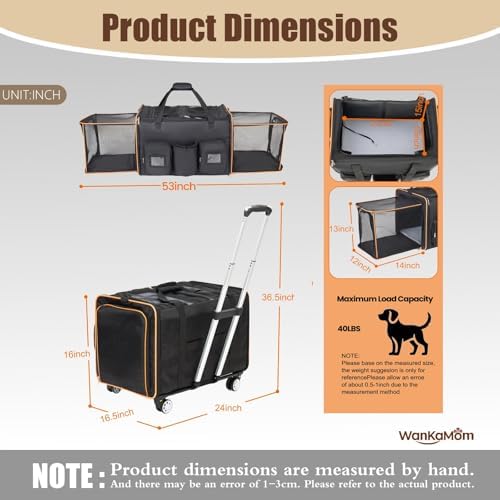 Rolling Double Wheeled Large Pet Travel Crate, Expandable 2 in 1 Foldable Featuring Removable Divider, Breathable Oxford All-Scenario Pet Travel Supply