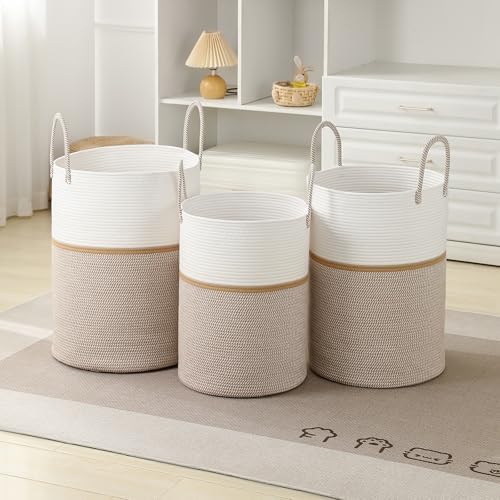 Laundry Basket Hamper Tall Rope Storage Woven for Blanket toys Dirty Clothes in Living Room Bathroom Bedroom (Blend White & Camel, 60L/15.8Gal)
