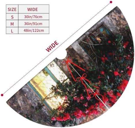 Christmas Tree Skirt, Soft Polyester Xmas Tree Skirts with Ribbon Ties, Rustic Farmhouse Holiday Party Decorations House Entrance Corfu Greece Red Flowers Tree Shabby Window 30"