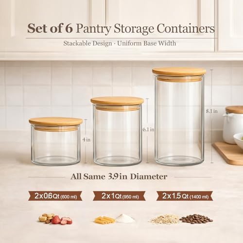 ComSaf Glass Storage Containers with Lids, Set of 6 Jars (0.6Qt/1Qt/1.5Qt) | Glass Pantry Storage Containers, Pantry Organization, BPA Free, Kitchen Canisters, Dry Food Flour Cereal Sugar Tea Coffee