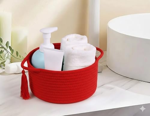Small Gift Basket Empty to Fill with Cellophane Bag & Ribbon, Red | Cute Decorative Mini Woven Rope Basket with Handles for Gifting; Reusable for Bathroom Counter or Desk Catchall, 8 x 4.7 in
