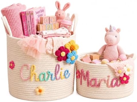 Personalized Baby Basket with Name, Custom Cotton Rope Nursery Storage Basket, Handmade Yarn Name Basket with Optional Crochet Icons, Baby Shower Basket Gift, Toy Organizer for Boys and Girls