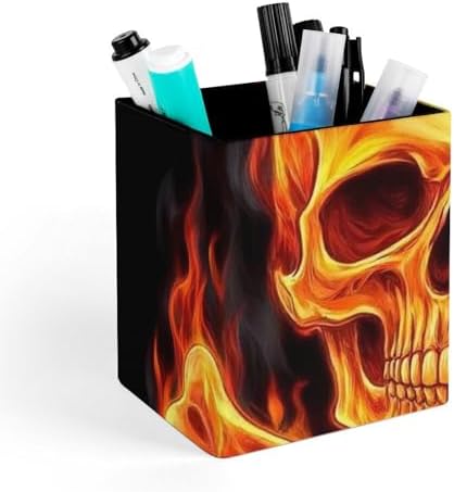 Cute Desktop Stationery Organizer Makeup Brush Cup Fire Flaming Skull Crossbones Leather Pen Holder