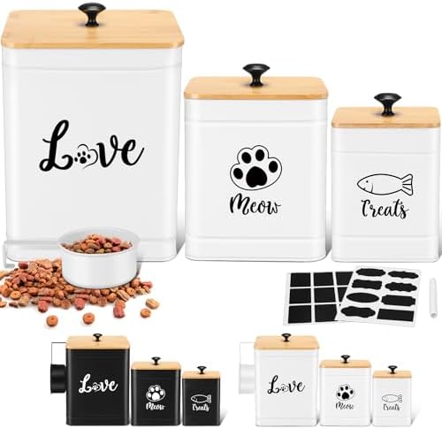 Jingmore Metal Airtight Cat Food Containers Set of 3 with Bamboo Lids and Spoon 7+3+2 Lbs Cat Treat Storage Container Countertop with DIY Labels Pet Cookie Organizer Jars for Kitchen Counter(White)