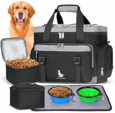 Premium Large Dog Travel Bag Weekend Pet Supplies Organizer Kit with 2 Extra Large Food Containers 2 Collapsible Bowls 1 Feeding Mat Multi Pocket (Black)