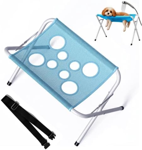 Foldable Pet Bathing Stand, Mesh‑Surface Grooming Stand for Small Pets (Blue) | Portable Dog Grooming Shower Rack with 8 Holes & Adjustable Straps, Foldable Metal Frame for Daily Pet Care and Bathing