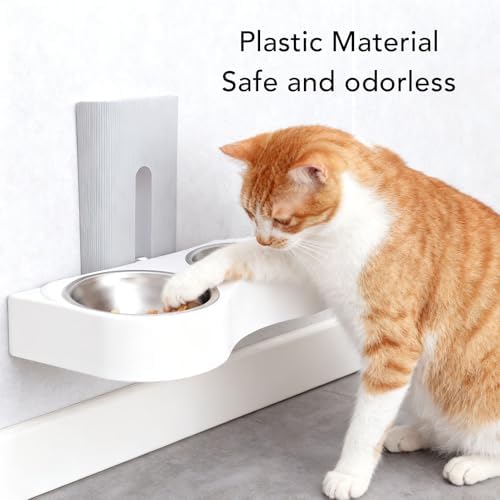 Wall Mounted Dog Bowls, Raised Cat Double Stainless Steel Bowl, Elevated Food and Water Bowls Kitten Feeding Dish Pet Feeder Station for Small Pets (Grey White)