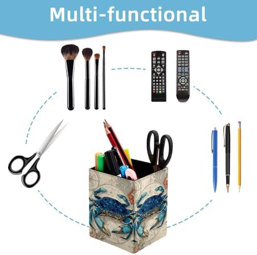Map and Crab Pen Holder for Desk Decor, Rectangular PVC Leather Pencil Cup for Desk Pen Organizer, Makeup Brush Holder for School, Home, Office
