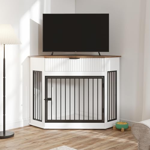 Corner Dog Crate Furniture with Drawer, White, Wood and Metal, TV Stand, Small to Medium Dogs (White + MDF+Steel)