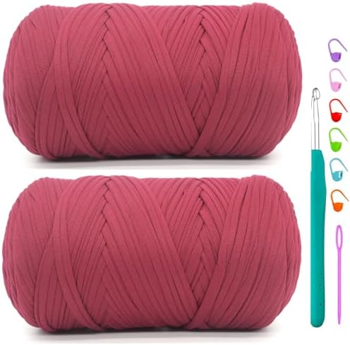 2 Pack Tshirt Yarn for Crochet,Burgundy T Shirt Soft Elastic Fabric Chunky Thick T-Shirt Crochet Yarn for Crocheting Knitting Beginner Hand Knitting Bag/DIY Craft/Home Decor 2 * 400G-Burgundy