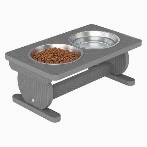 Raised Dog Bowl Stand for Small Sized Breed, Feeding Station with 21 oz 2 Stainless Steel Bowls & Licking Plate,Dog Food Bowl Gray