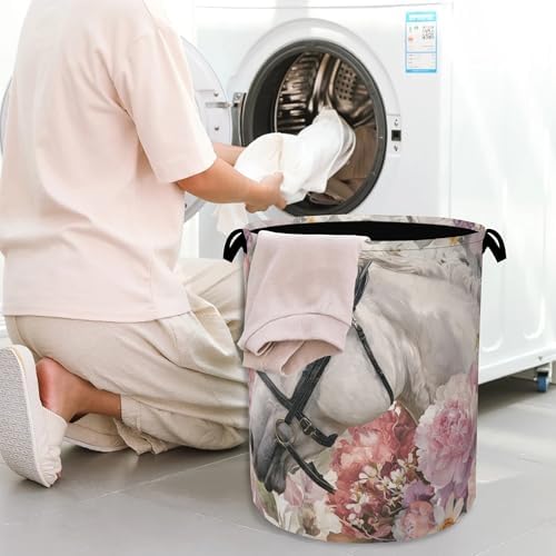 Horse Laundry Hamper,Pink Flowers Dirty Clothes Laundry Basket with Handles Waterproof Oxford Cloth Storage Basket for College Dorms Bathroom Bedroom 16" x 20.8"