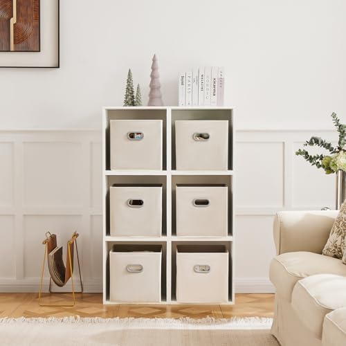 MAX Houser 6 Pack Foldable Fabric Storage Bins with Handles, Beige 12 inch | foldable cube storage bins with dual carry handles. 12"x12"x12" size fits cube closet organizers.Closet & Bedroom Organizer