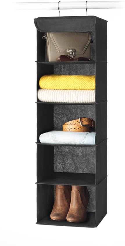 Whitmor 5 Tier Shelf Hanging Closet Organizer, Hanging Shelves with 2 Sturdy Metal Hooks,Foldable(Black) (Pack of 6)