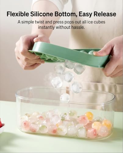 Ice Cube Tray with Bin and Lid, 54-Cell Dual Shape, Easy Release | 28 Square 26 Round Molds, Green, Easy Twist Release, Storage Bin with Collapsible Handle, For Freezer, RV, Camping, Parties