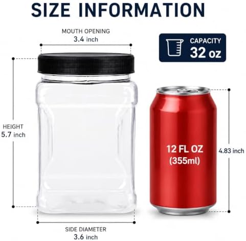 Lawei 6 Pack Clear Plastic Square Jars - 32 Oz Containers with Easy Grip Handles for Dry Goods, Cookies, Candy and More
