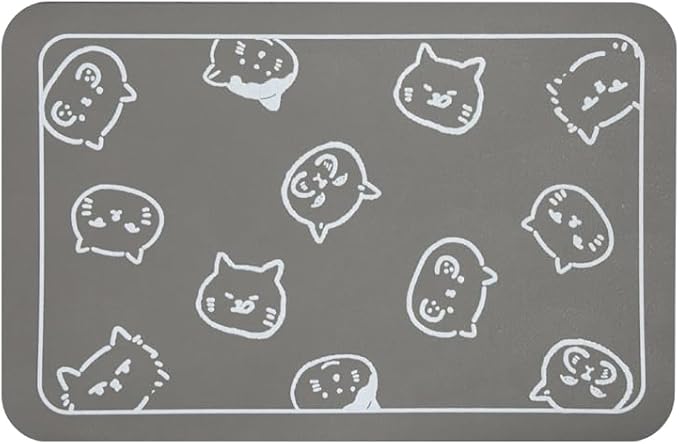 YCT Cat Food Mat, Cat Mat for Food and Water, Pet Feeding Mat, Non-Slip Super Absorbent, with Multiple cat Heads Logo, 18.1 x 11.8 inches, Light Gray