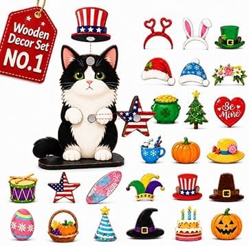 Interchangeable Seasonal Animal Wooden Decor Set | Magnetic Holiday Cat Dog Desk Sign Animals Figurines Tabletop Ornament to Dress up, Pet Magnetic Accessories with Hats(#A)