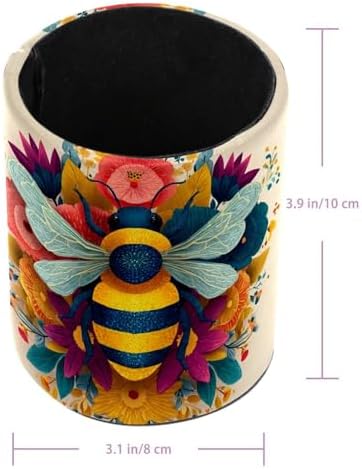 Faux Leather Pen Holder for Desk, Pencil Organizer Bee Pen Cup Desk Decor Makeup Brush Holder Storage for Office Home