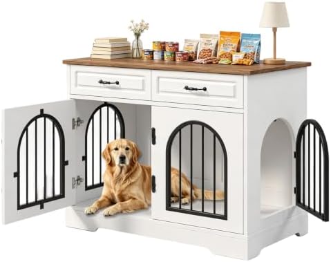 43.3" Dog Crate Furniture with 2 Storage Drawers & Side Access | Heavy Duty Wooden Dog Kennel, Chew-Resistant Wooden Pet House Cage for Medium Large Dogs
