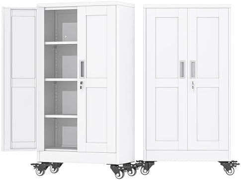 45.6" Metal Garage Storage Cabinet with Wheels and Locking Doors and Tall Rolling Steel Tool Cabinet with 3 Adjustable Shelves for Garage,Home,Office,Shop (White, 45.6''H x 23.7''W x11.8''D)