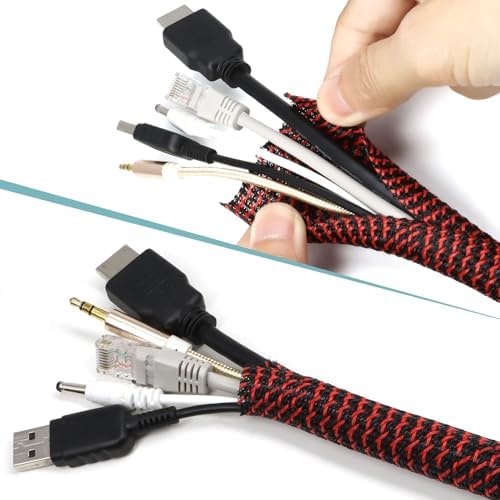 25ft PET Braided Cable Sleeve 3/8 inch(10mm) Wire Protector Cable wrap Wire Covers for Cords Cable Sleeves Cord Management Cable Management Sleeve(Red Black)