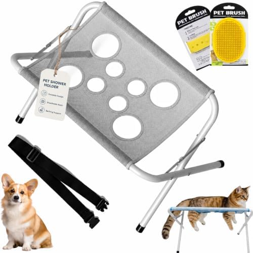 Pet Shower Holder, Portable Pet Shower Holder for Small Dogs Cats，Gray | Foldable Pet Bathing Stand with Quick-Dry 8-Hole Mesh, Stable Steel Grooming Rack for Washing and Nail Trimming, Up to 22 lbs