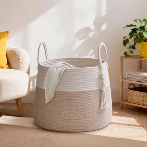 Large Nursery Hamper, 30L Blanket Basket with Handle, Baby Laundry Basket for Gift, Toy, Clothes, Woven Storage Basket with Wooden Bead Decor, Baby Hamper for Nursery (Black&Brown)