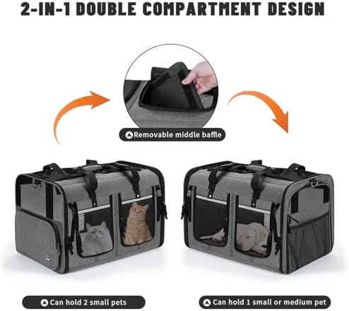 Cat Carrier for 2 Cats, Foldable Double Cat and Dog Carrier, Small to Medium Size, 2 Front Zippered Compartments,Two Pets Carrier for Travel,Mulitple Cat Carrier (Dark Gray with Flat Pocket)