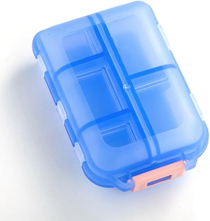 Small Travel Pill Box Organizer, 10 Compartment Pill Case Planner | Portable Folding Daily Medcine Container Capsule Dispenser for Storage Medication, Meds, Vitamin, Fish Oil, Supplement, Blue