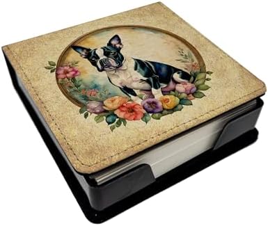 Caroline's Treasures Boston Terrier and Flowers PU Leather Note Paper Holder with Artist-Designed Cover, Desk Accessory, Office Gift