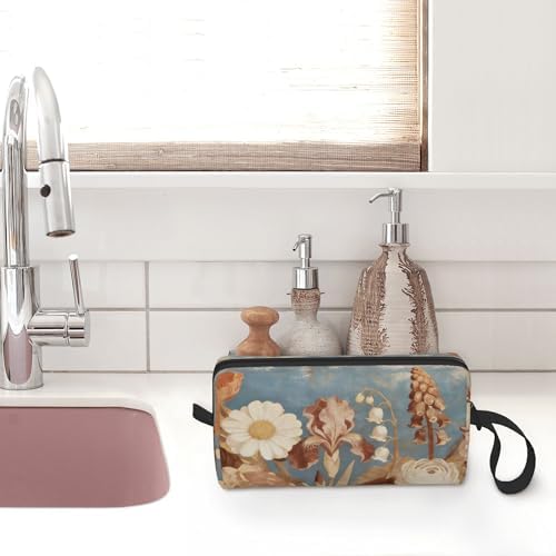 Vintage Blue Floral Garden Makeup Bag for Women with Wrist Strap | Durable 600D Oxford Fabric Cosmetic Organizer,Compact Travel Pouch with Handle for Gym & Daily Use